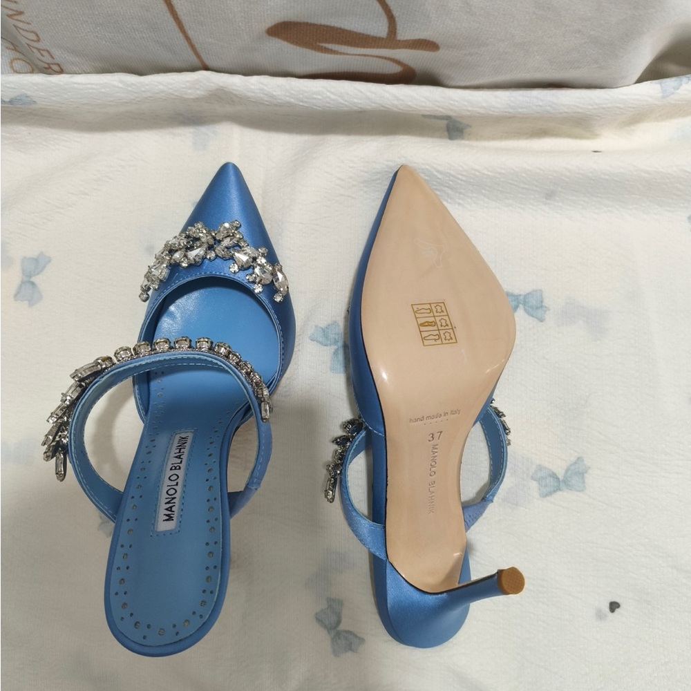 Manolo Blahnik Blue Crystal Embellished Pointed Toe Mules - Picture 8 of 9